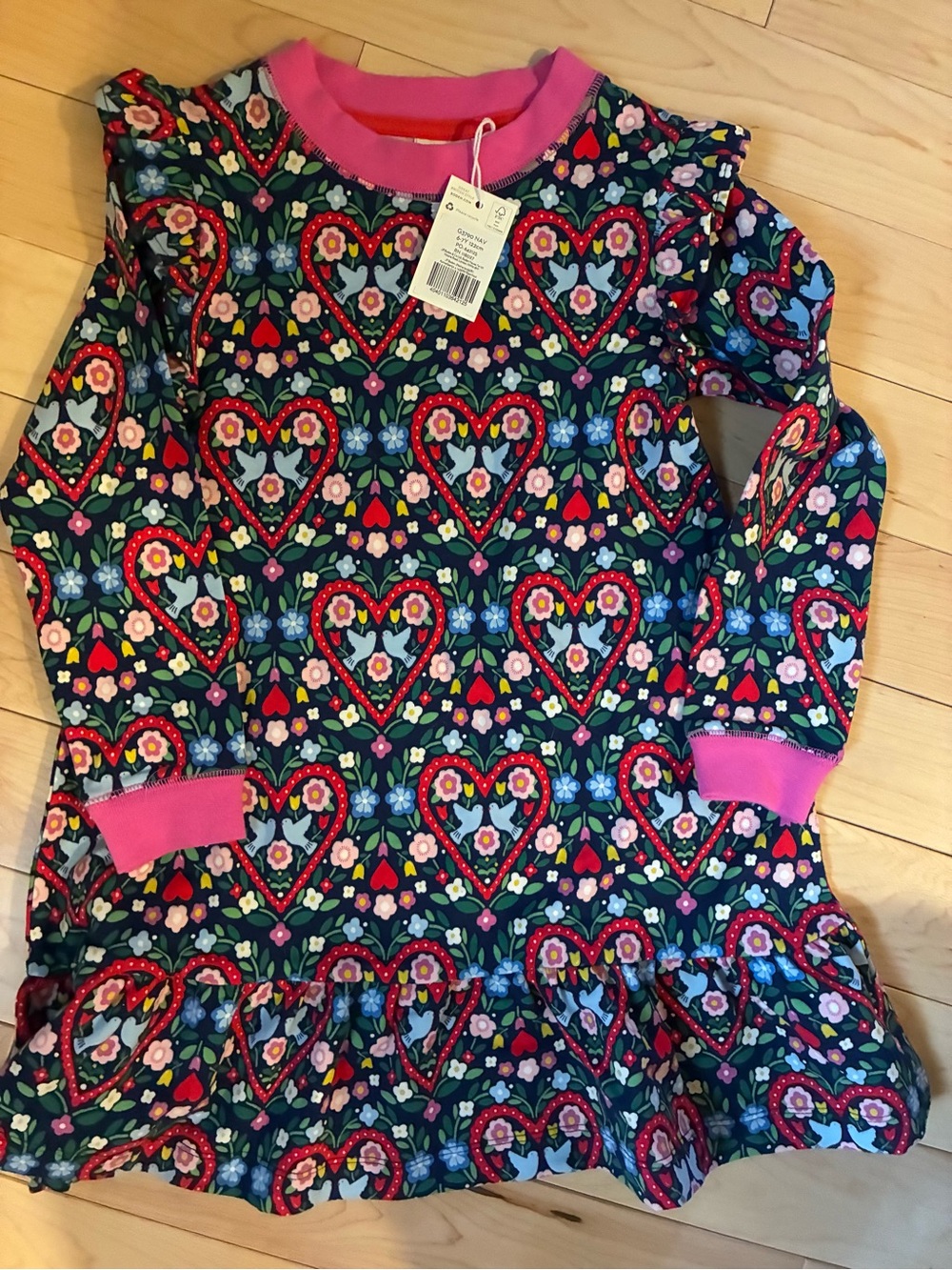 Mini Boden New. 6/7 Navy Heart-Print Long Sleeve Dress with Pink Trim